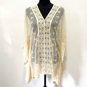 Sheer Lace-Trim Swim Cover-Up in Cream OS